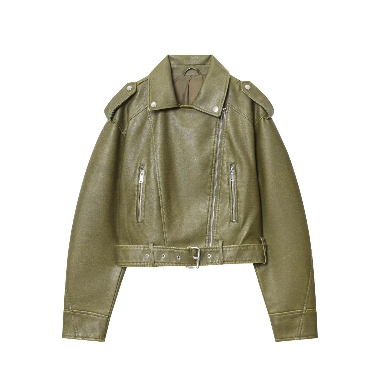 Damen modische Bikerjacke im Vintage-Look mit Taillengürtel und Reißverschlusstaschen Stalluxe
