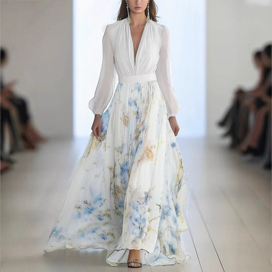 Damen Maxikleid mit floralem Chiffon und eleganten Puffärmeln Stalluxe