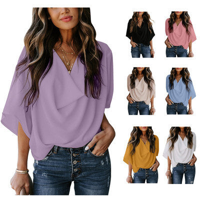 Damen elegante Bluse mit drapiertem V-Ausschnitt und weit geschnittenen Ärmeln Stalluxe