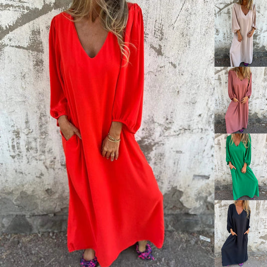 Damen Elegantes Maxikleid mit V-Ausschnitt und Taschen Stalluxe