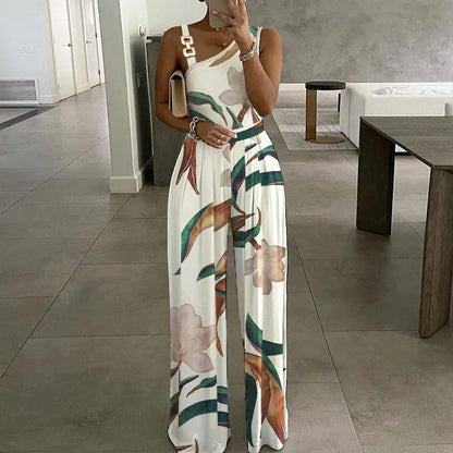 Damen Eleganter Jumpsuit mit floralem Design und asymmetrischem Träger Stalluxe