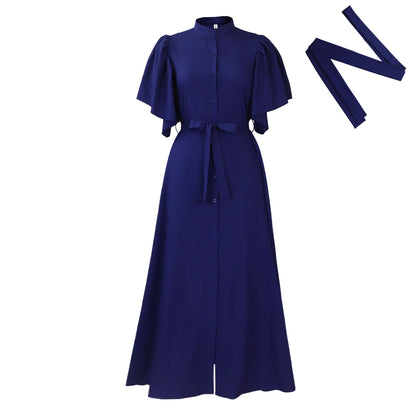 Damen Maxi-Kleid mit eleganten Puffärmeln und schmalem Taillengürtel Stalluxe