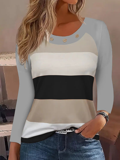 Damen Langarm T-Shirt mit modischem Streifenmuster und dekorativen Knöpfen Stalluxe