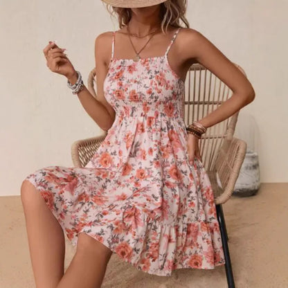 Damen Blumenkleid mit Spaghetti-Trägern und Rüschensaum Stalluxe