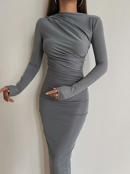 Damen Elegantes und figurbetontes Langarmkleid mit Raffungen Stalluxe