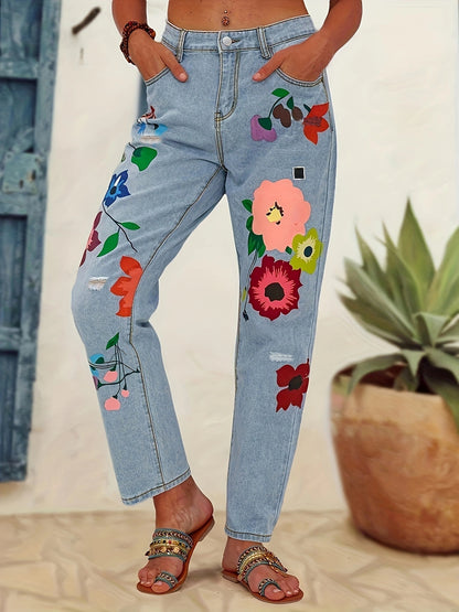 Damen Bunt bedruckte Jeans mit floralen Motiven und modischen Destroyed-Effekten Stalluxe
