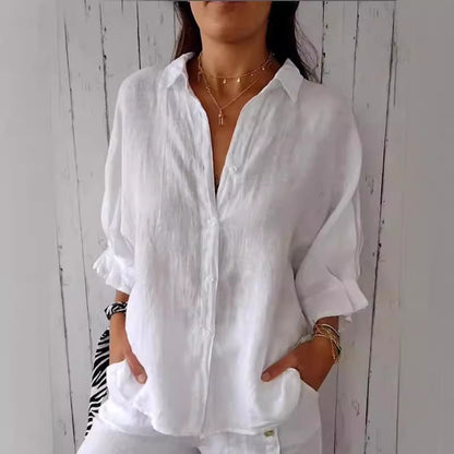 Damen luftige Leinenbluse mit eleganter Knopfleiste und lockerer Passform Stalluxe