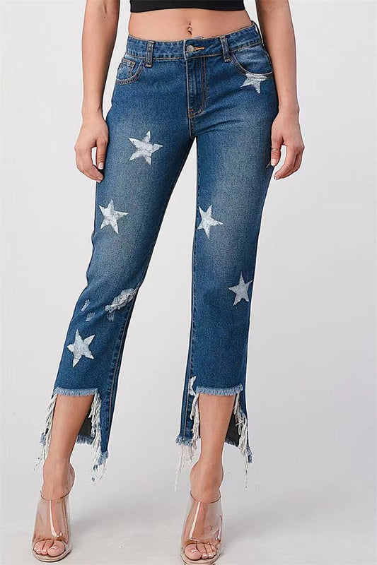 Damen modische Jeans mit Sternen-Design und fransigem Saum Stalluxe