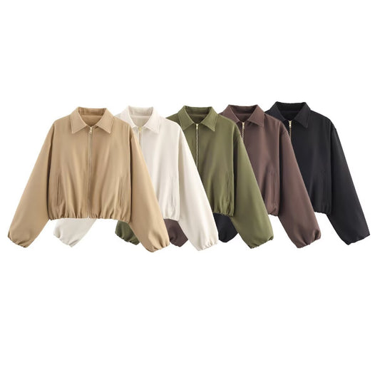 Damen modische cropped Jacke mit dekorativem Reißverschluss und elastischem Saum Stalluxe