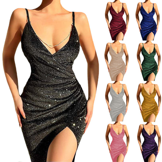 Damen Glamouröses Wickelkleid mit tiefem V-Ausschnitt und glitzerndem Material Stalluxe