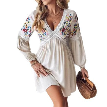 Damen Luftiges Sommerkleid mit besticktem V-Ausschnitt und langen Ärmeln Stalluxe