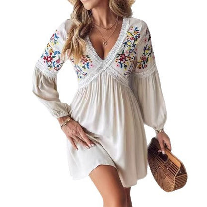 Damen Luftiges Sommerkleid mit besticktem V-Ausschnitt und langen Ärmeln Stalluxe
