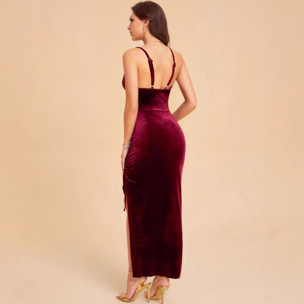 Damen Elegantes Samtmaxikleid mit anpassbarem Schlitz und raffinierter Raffung Stalluxe