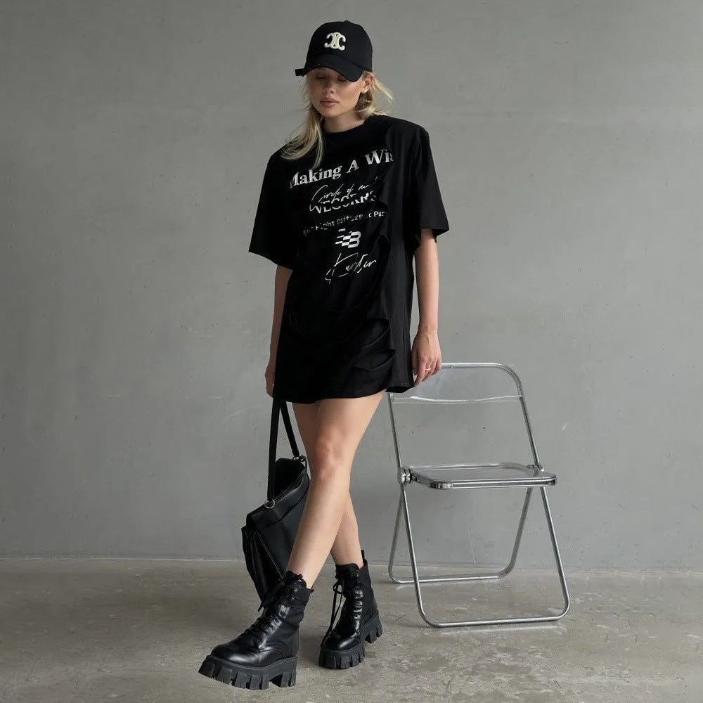 Damen Oversized T-Shirt mit kreativem Schriftzug und lässigem Schnitt Stalluxe Schwarz
