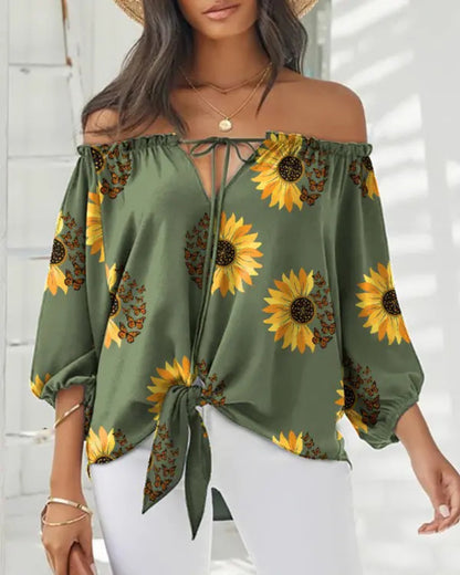 Damen Off-Shoulder Bluse mit floralem Design und Bindegürtel Stalluxe