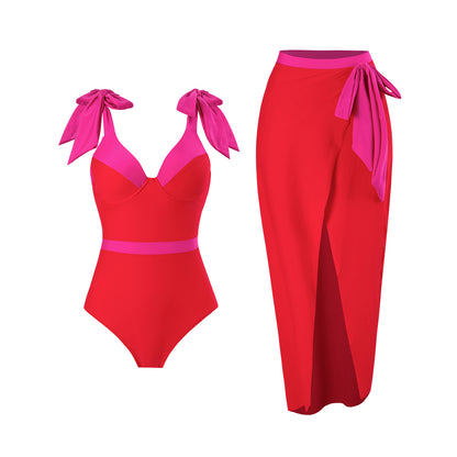 Damen Eleganter Badeanzug mit abnehmbarem Wickelrock und farblich abgestimmten Schleifen Stalluxe