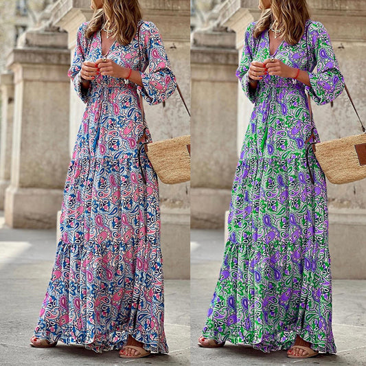 Damen Maxikleid mit floralen Mustern und modischem Taillengürtel Stalluxe
