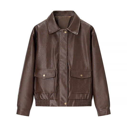 Damen modische Kunstlederjacke mit praktischen Pattentaschen und elastischem Saum Stalluxe