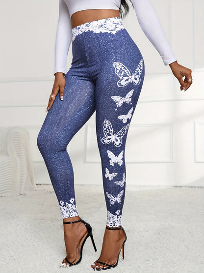 Damen Leggings mit floralem Spitzensaum und buntem Schmetterlingsdruck Stalluxe
