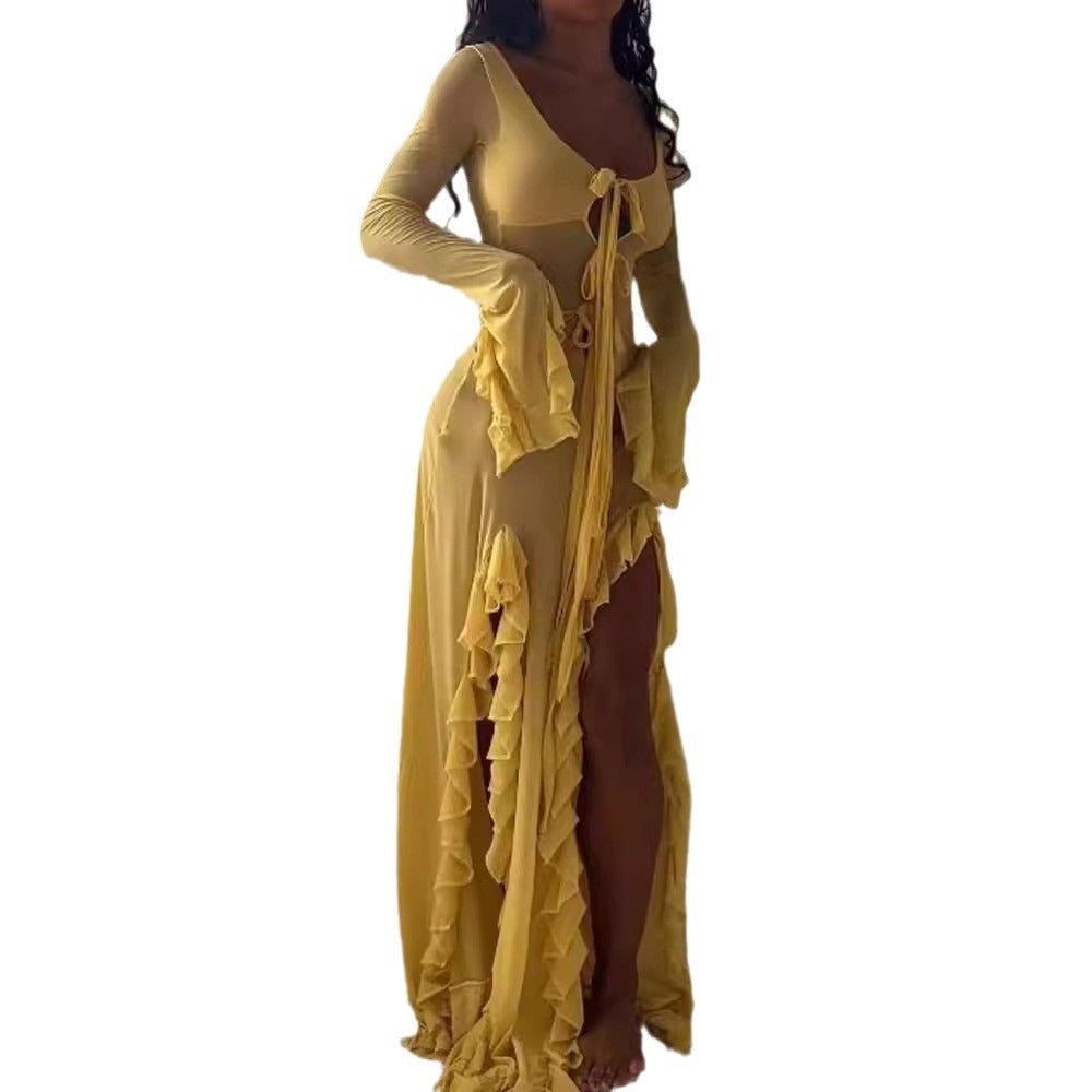 Damen Maxikleid mit eleganten Rüschendetails und tiefem V-Ausschnitt Stalluxe