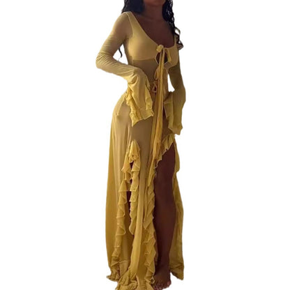 Damen Maxikleid mit eleganten Rüschendetails und tiefem V-Ausschnitt Stalluxe