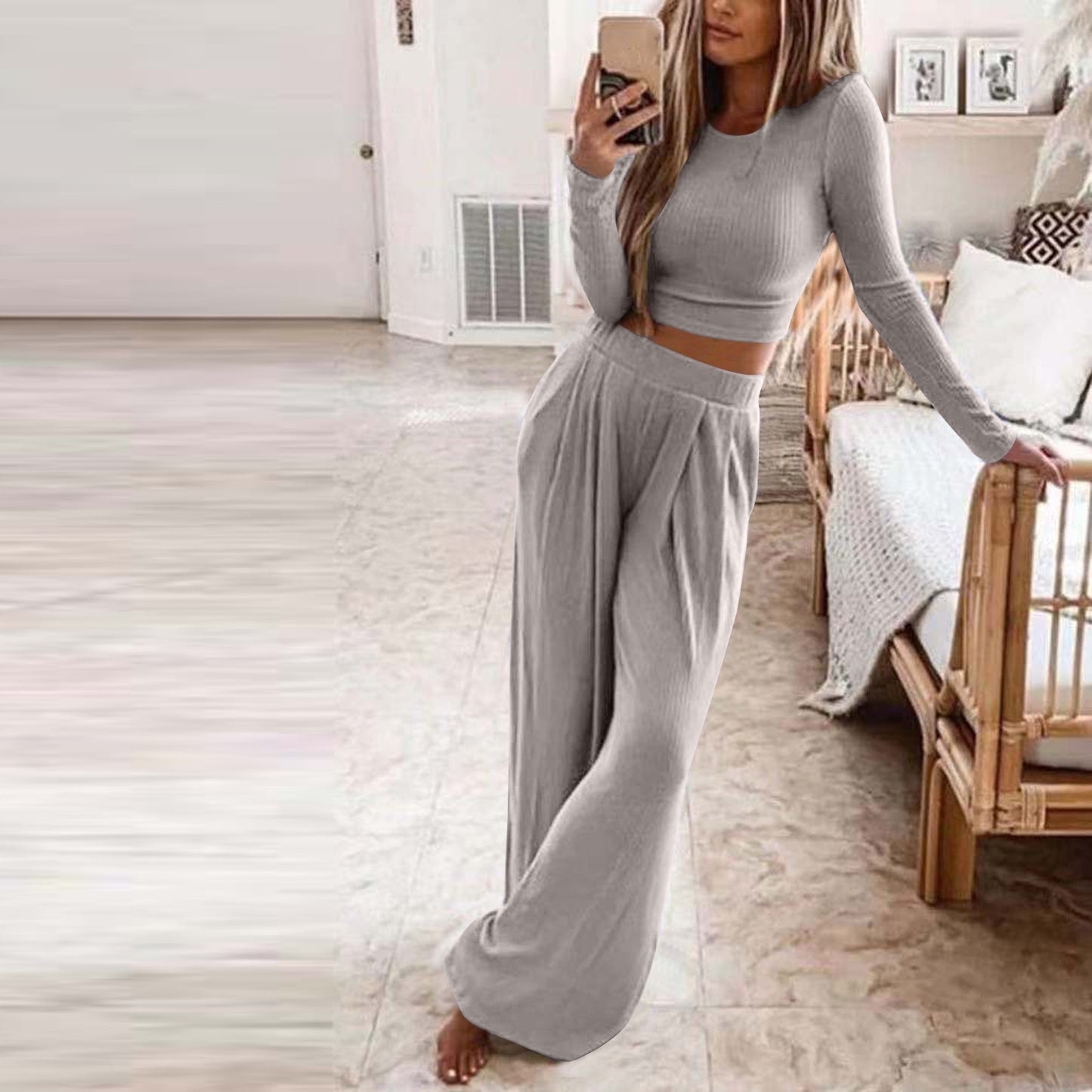 Damen Elegantes Lounge-Set mit langärmeligem Oberteil und weiten Hosen Stalluxe