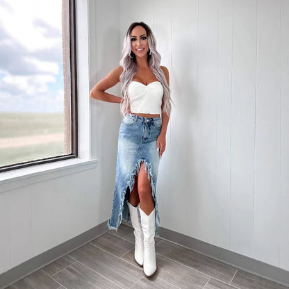 Damen Denim-Rock mit fransigem Saum und hohen Schlitzen Stalluxe