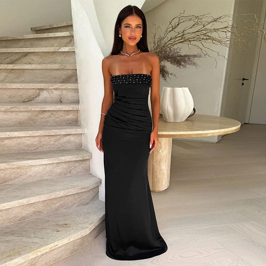 Damen trägerloses Satin Abendkleid Stalluxe