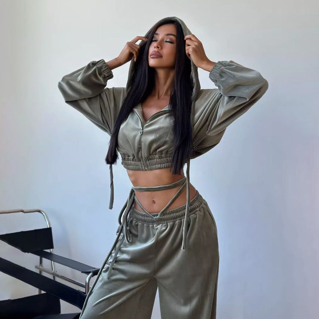 Damen Lässiges Sportanzug-Set mit Kapuzenoberteil und weitem Hosenstil Stalluxe