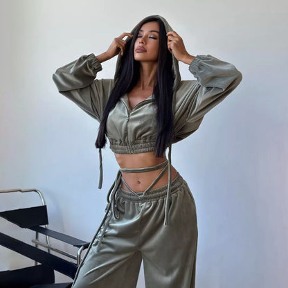 Damen Lässiges Sportanzug-Set mit Kapuzenoberteil und weitem Hosenstil Stalluxe