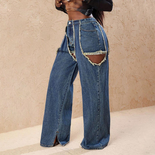 Damen Distressed Wide-Leg-Jeans mit Cut-Out-Details Stalluxe