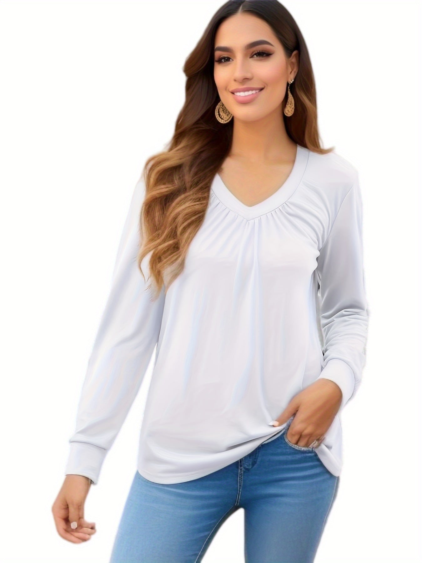 Damen V-Ausschnitt Langarmshirt mit geschmackvollem Faltenwurf und lässiger Passform Stalluxe
