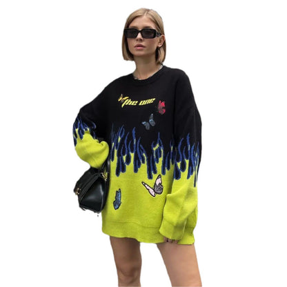 Damen Grobstrickpullover mit einzigartigem Flammen- und Schmetterlingsdesign Stalluxe