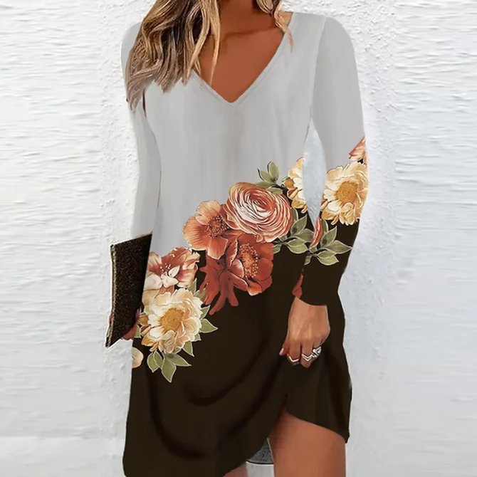 Damen V-Ausschnitt Kleid mit floralen Akzenten und langen Ärmeln Stalluxe