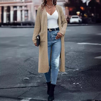 Damen Langer Strickcardigan mit tiefen Taschen und offenem Schnitt Stalluxe