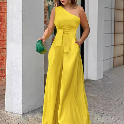 Damen Eleganter Jumpsuit mit asymmetrischem Ausschnitt und Taillengürtel Stalluxe