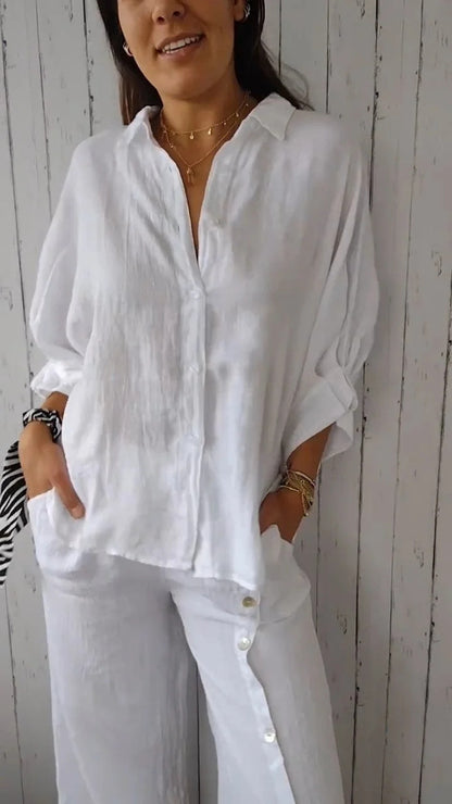 Damen luftige Leinenbluse mit eleganter Knopfleiste und lockerer Passform Stalluxe