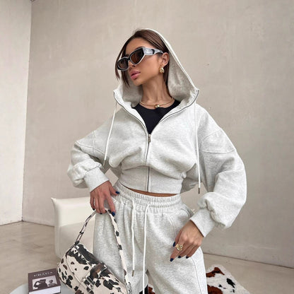Damen sportliches Cropped-Set mit Reißverschluss und bequemen weiten Hosen Stalluxe