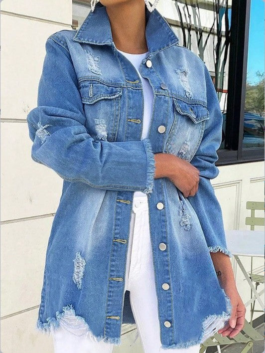 Damen lässige Oversized Denim-Jacke im Used-Look mit fransigen Saum Stalluxe