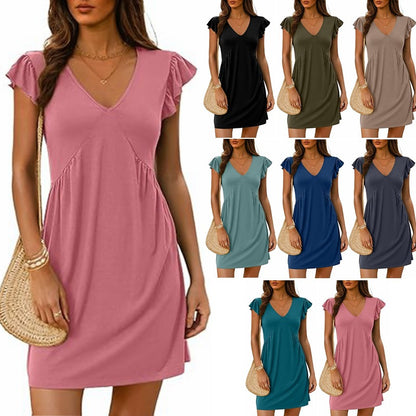 Damen Sommerliches kurzärmliges Kleid mit V-Ausschnitt und Rüschendetails Stalluxe