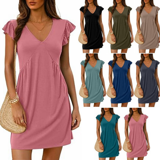 Damen Sommerliches kurzärmliges Kleid mit V-Ausschnitt und Rüschendetails Stalluxe