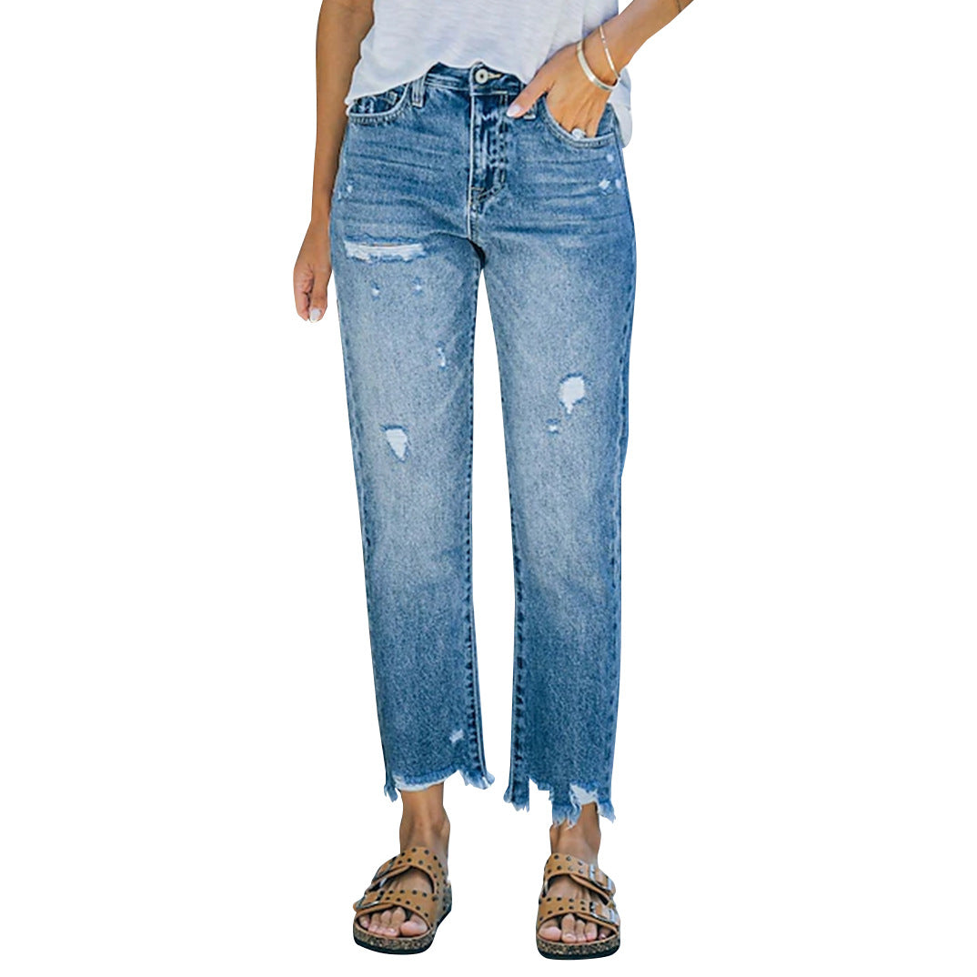Damen Mom-Jeans mit hohem Bund und ausgefranstem Saum Stalluxe