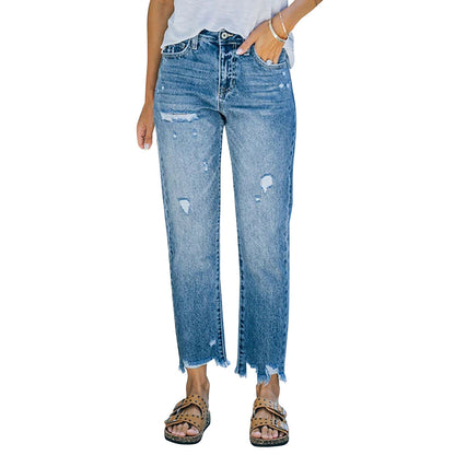 Damen Mom-Jeans mit hohem Bund und ausgefranstem Saum Stalluxe