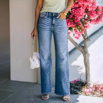 Damen Weit geschnittene Jeanshose mit hohem Bund und dezenten Waschungen Stalluxe