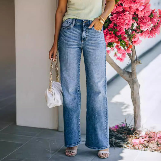 Damen Weit geschnittene Jeanshose mit hohem Bund und dezenten Waschungen Stalluxe