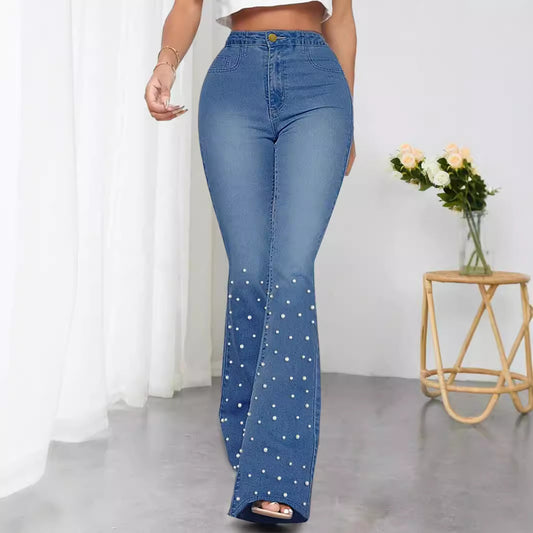 Damen Flared Jeans mit eleganten Perlenapplikationen Stalluxe