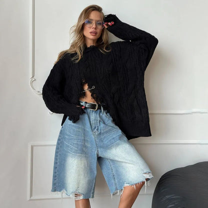 Damen Oversized Strickpullover Stalluxe Schwarz