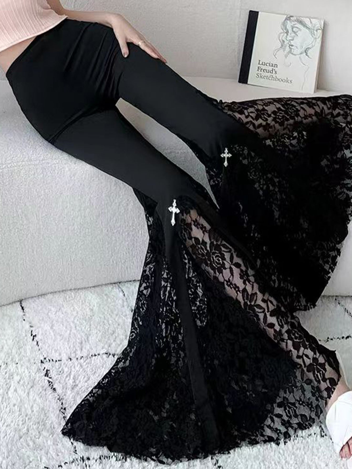 Damen Elegante Schlaghose mit Spitzenapplikationen Stalluxe