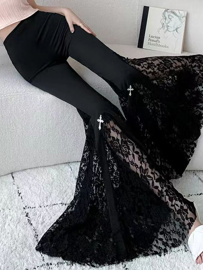 Damen Elegante Schlaghose mit Spitzenapplikationen Stalluxe