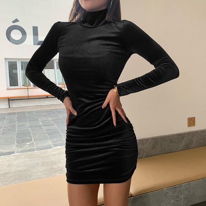 Damen figurbetontes Velours-Minikleid mit hochgeschlossenem Kragen und Raffungselementen Stalluxe